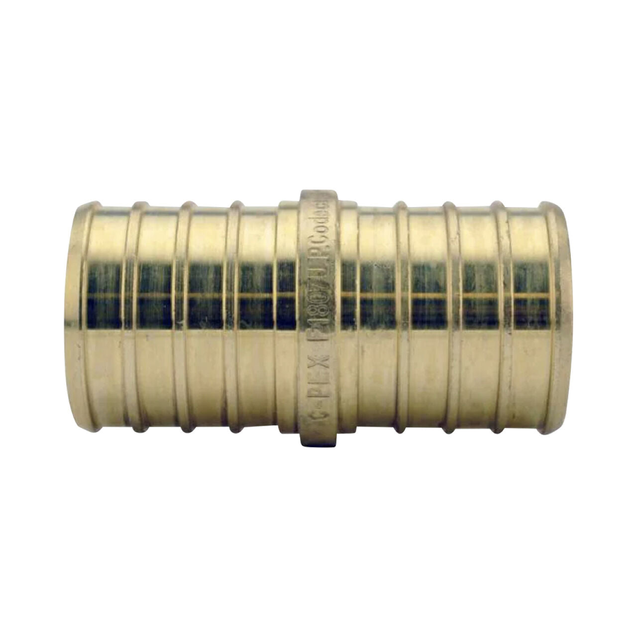 The Go Build 1 in. Brass PEX Barb Coupling features a ribbed design and central bulge, made from lead-free, dezincification-resistant brass for secure connections in PEX plumbing systems.
